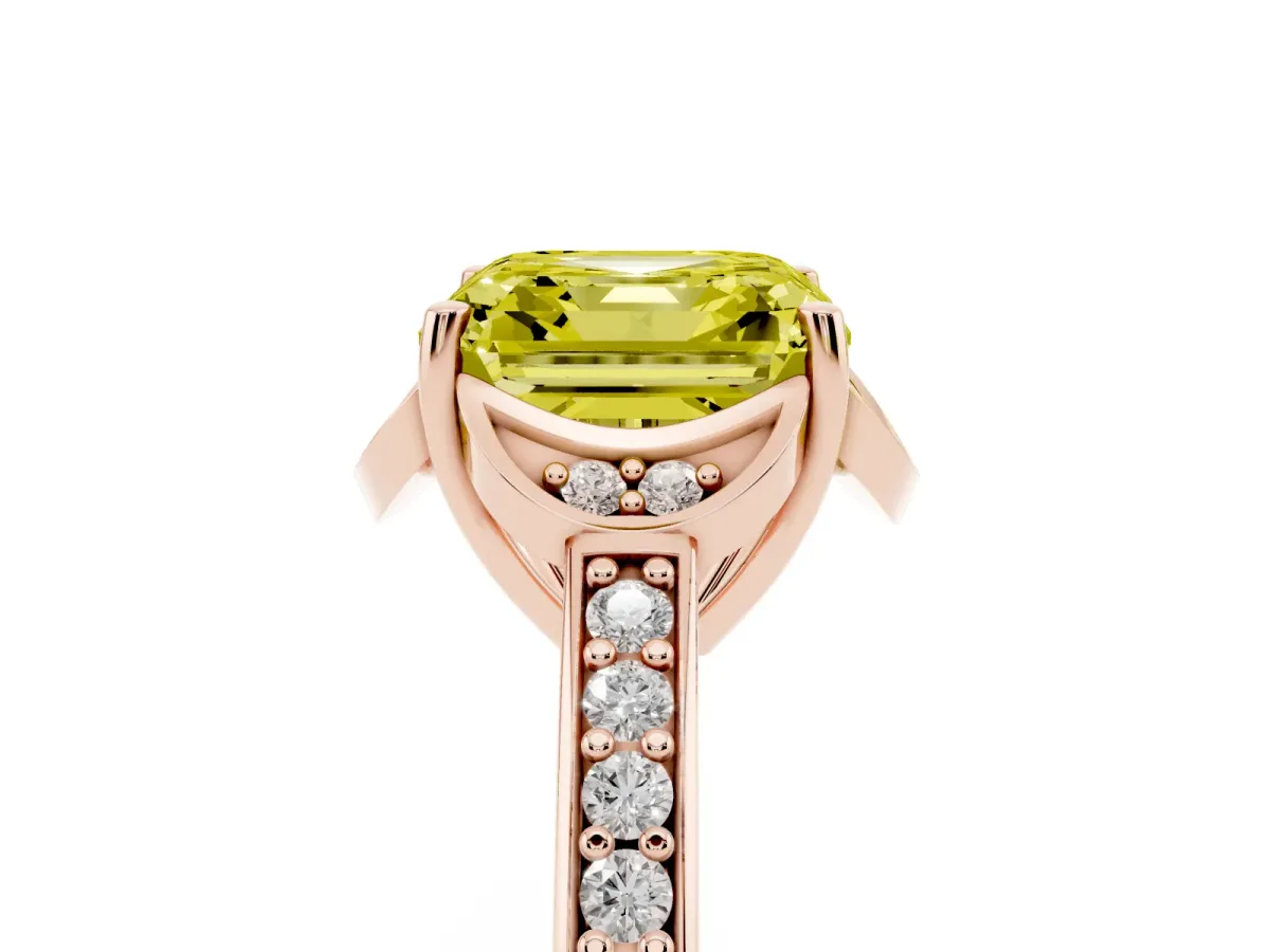 Fancy Yellow Asscher Cut Cut Halo Diamond Ring with Channel Set Band and Four-Prong Setting Rose gold