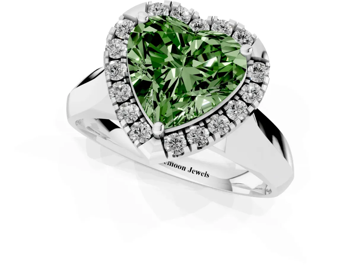 Fancy Green Heart Cut Cut Halo Solitaire Engagement Ring with Square Band and Four-Prong Setting Silver