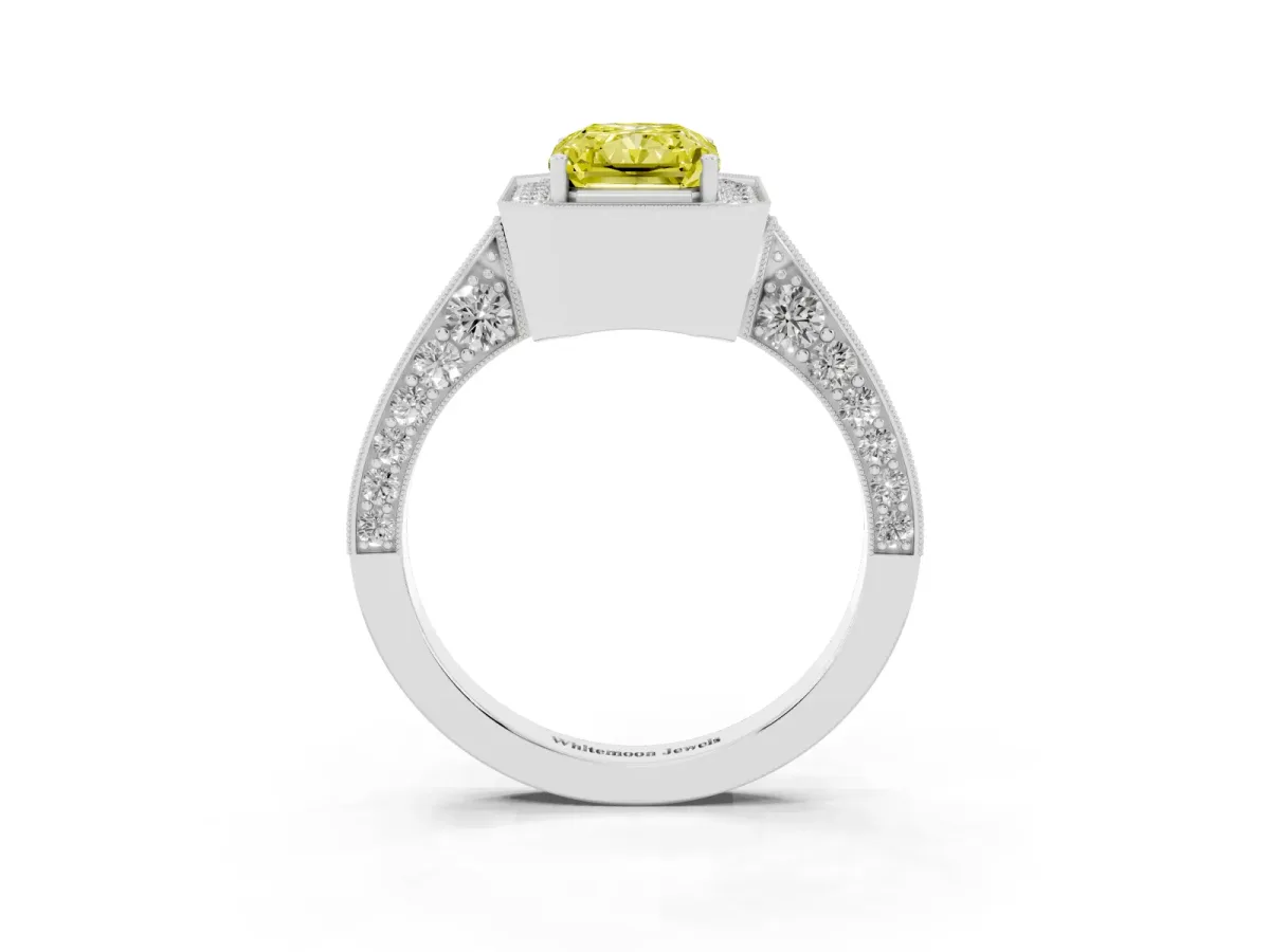 Fancy Yellow Radiant Cut Halo Diamond Engagement Ring with Split Shank Band and Four-Prong Setting Silver