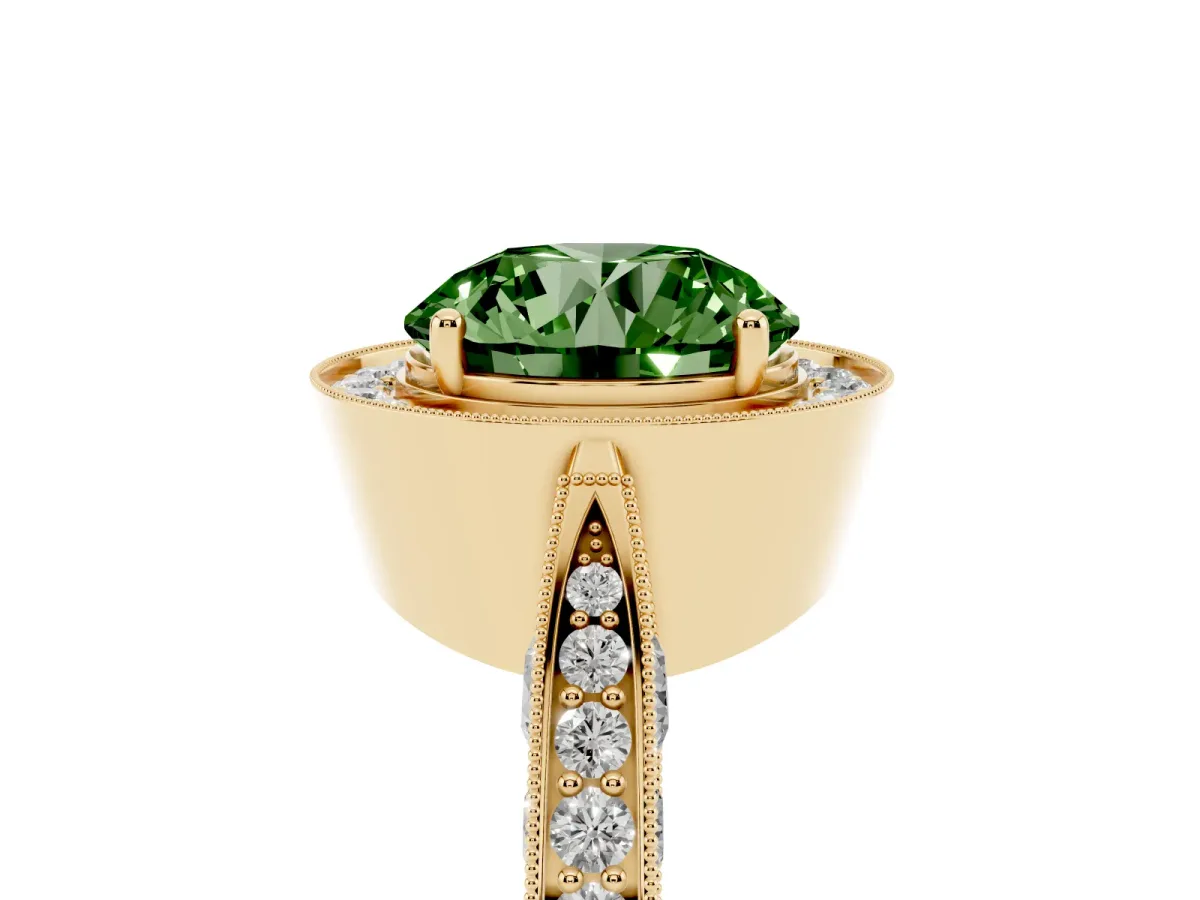 Fancy Green Round Cut Halo Diamond Engagement Ring with Split Shank Band and Four-Prong Setting Yellow gold