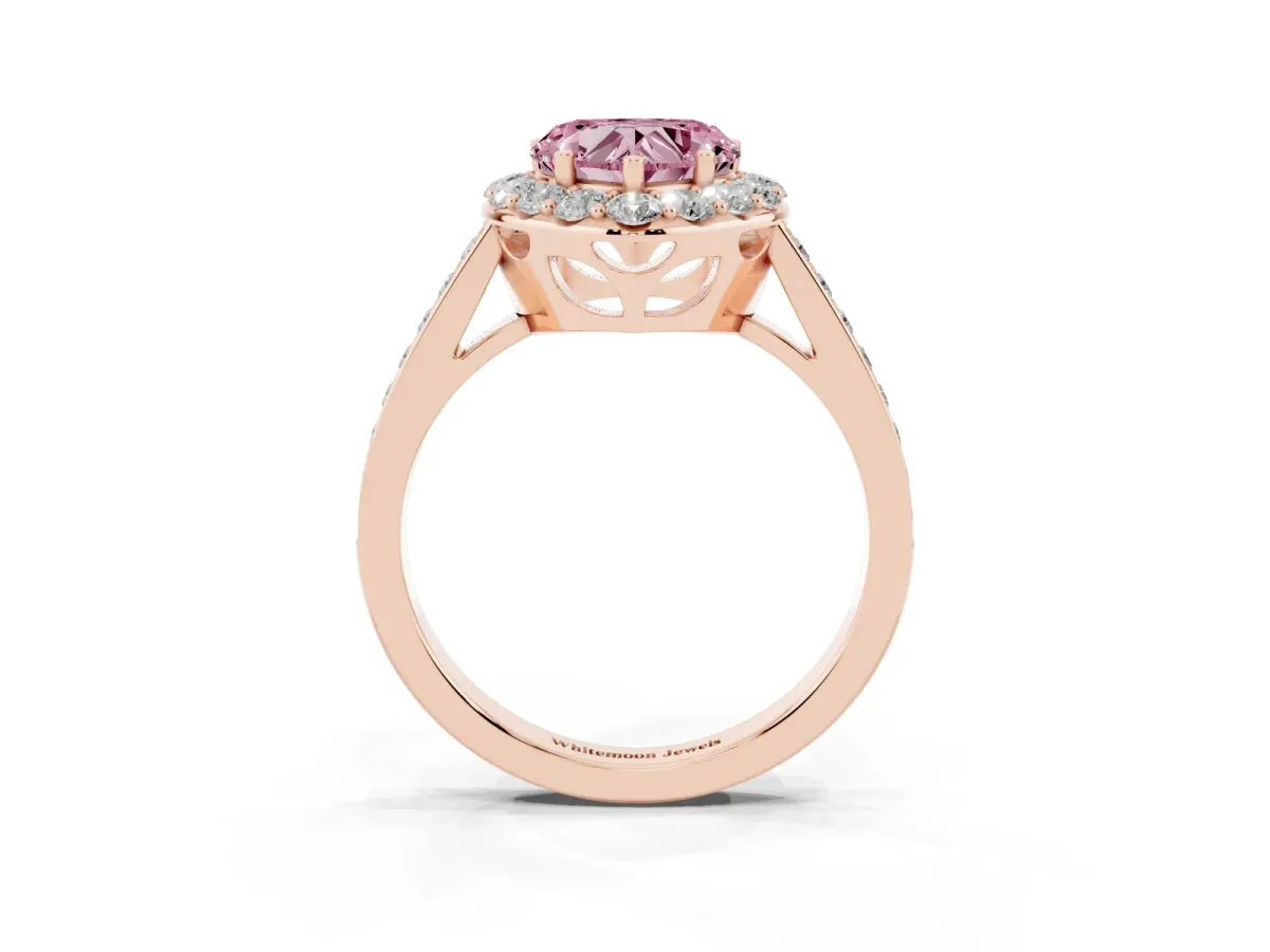 Fancy Pink Heart Cut Diamond Floral Halo Ring with Pavé Band and Prong Setting Rose gold
