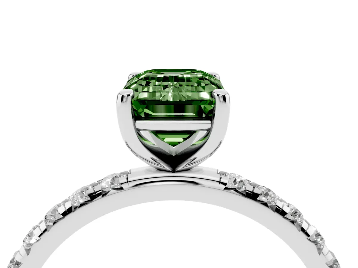 Fancy Green Emerald Cut Cut Diamond Solitaire Ring with Micro Pave Band and Four Prong Setting Silver