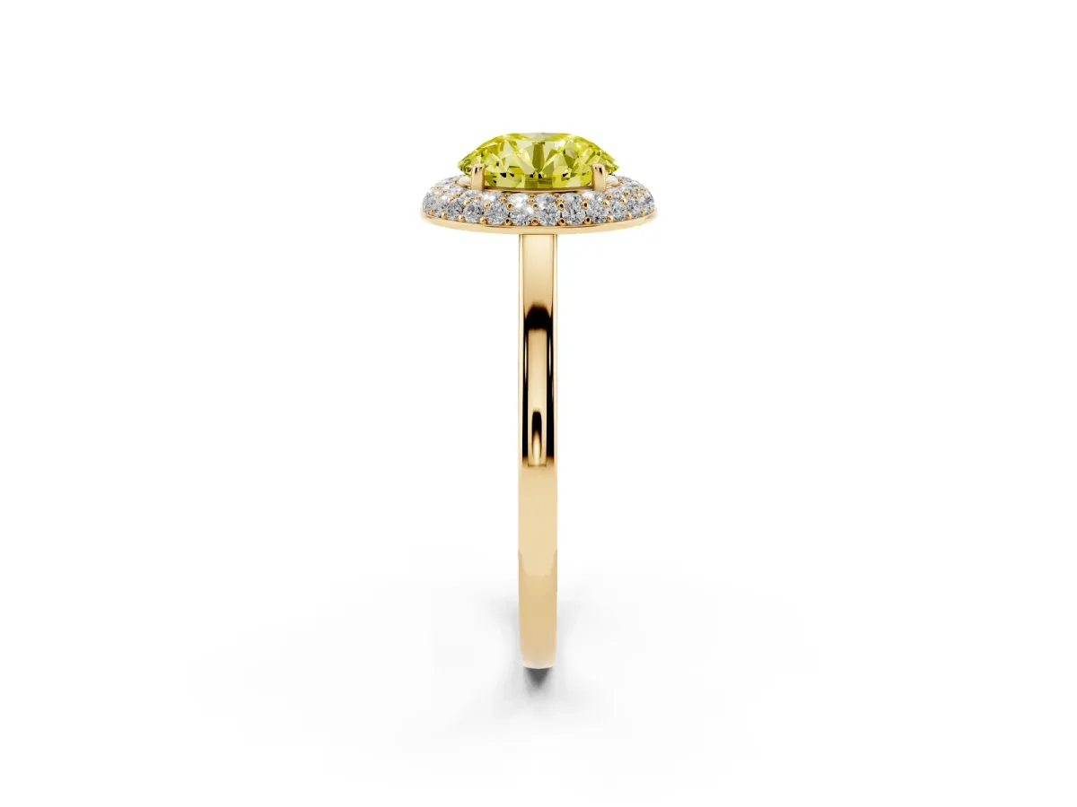 Fancy Yellow Round Cut Halo Diamond Engagement Ring with Solitaire Band and Four-Prong Setting Yellow gold