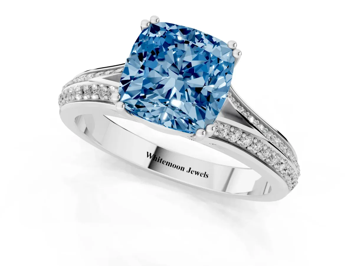 Fancy Blue Cushion Cut Diamond Split Shank Engagement Ring with Pavé Band Silver