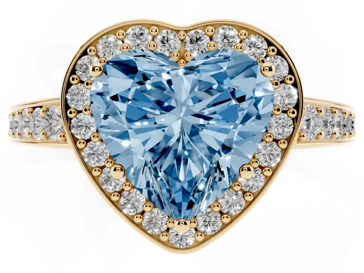 Fancy Blue Heart Cut Halo Pavé Diamond Engagement Ring with Bezel Setting Yellow gold
