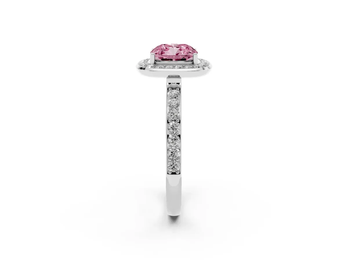 Fancy Pink Cushion Cut Diamond Halo Ring with Bezel Frame and Pavé Band Silver