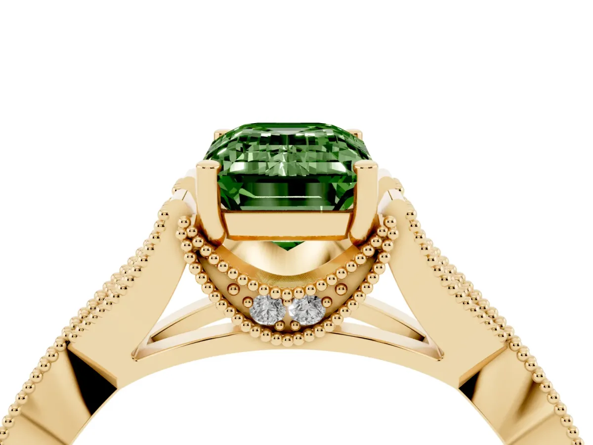 Fancy Green Emerald Cut Cut Diamond Twisted Band with Milgrain Pave Setting and Four-Prong Setting Yellow gold