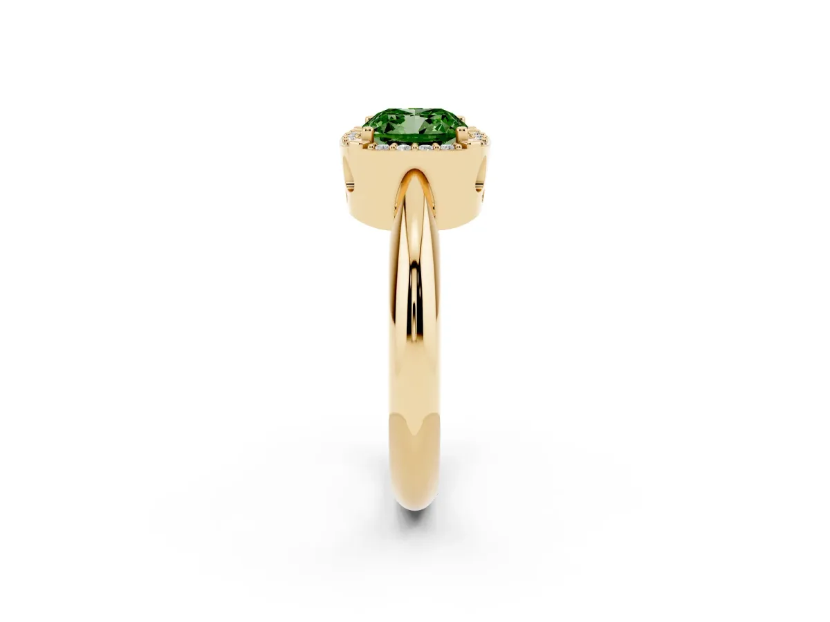 Fancy Green Cushion Cut Cut Diamond Halo Engagement Ring with Split Shank and Four-Prong Setting Yellow gold