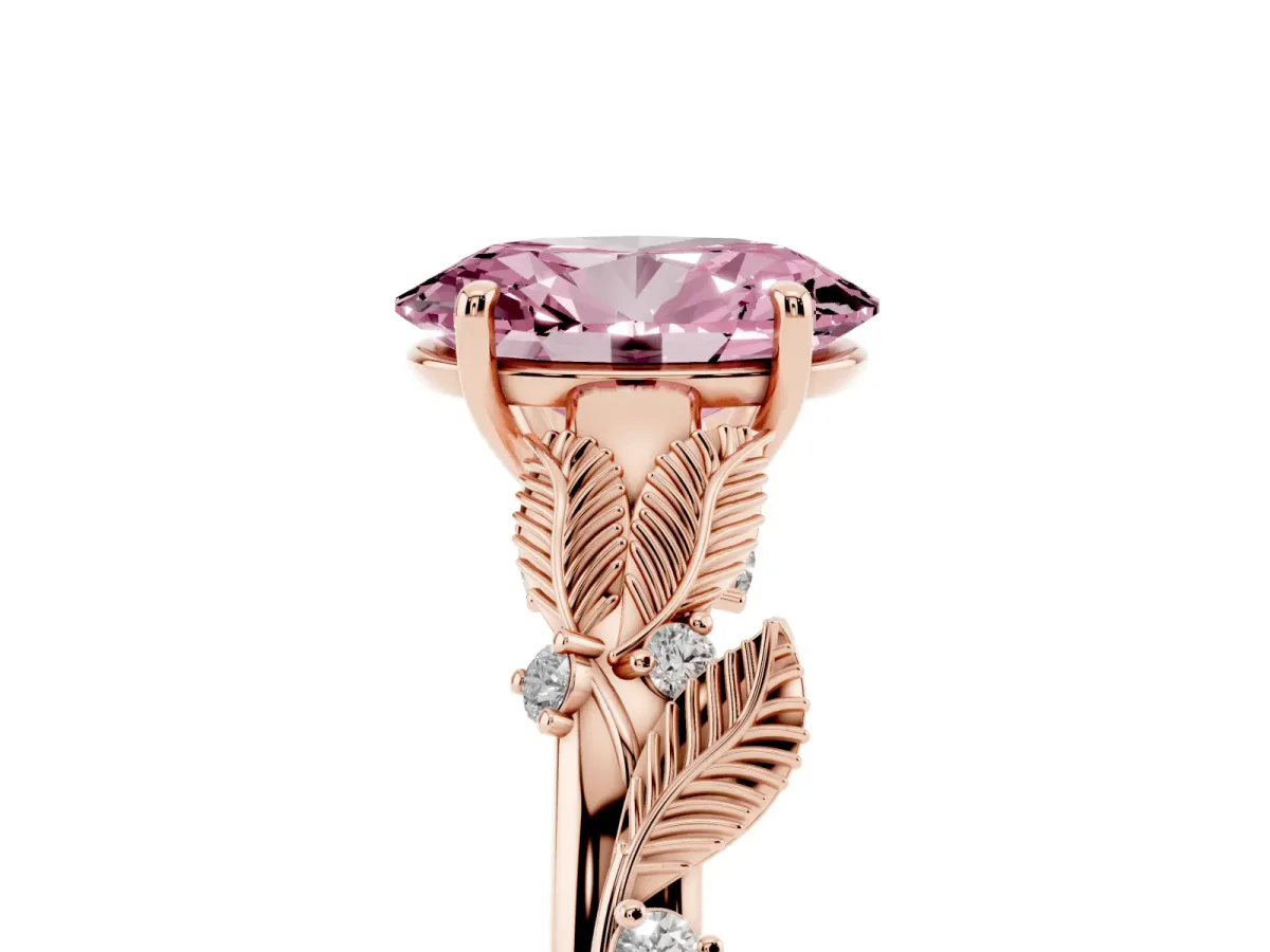Fancy Pink Oval Cut Diamond Solitaire Ring with Leaf Motif Band and Four-Prong Setting Rose gold