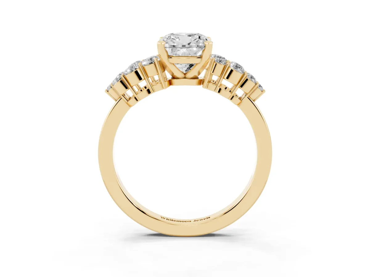 Cushion Cut Cluster Diamond Engagement Ring with Pavé Band and Four-Prong Setting Yellow gold