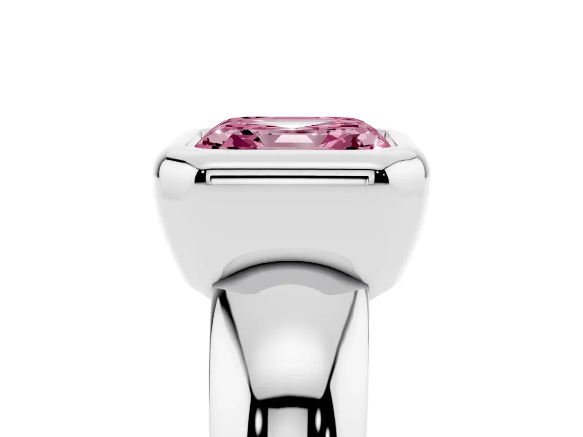 Fancy Pink Bezel Set Asscher Cut Solitaire Ring with Wide Band Silver