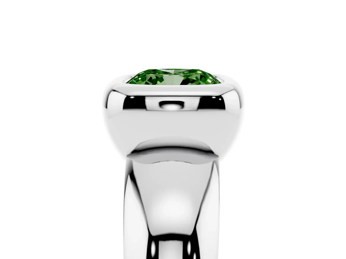 Fancy Green Bezel Set Cushion Cut Solitaire Ring with Wide Band Silver