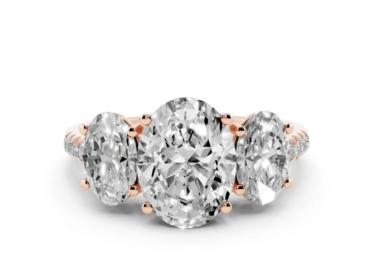 Three-Stone Oval Cut Diamond Ring with Round Pavé Band and Prong Setting Rose gold