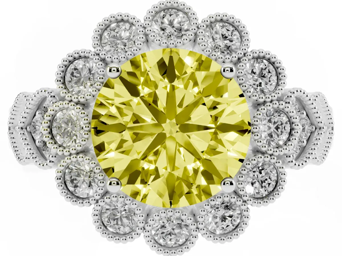 Fancy Yellow Round Cut Brilliant Milgrain Pave Heart Band Solitaire Ring Silver