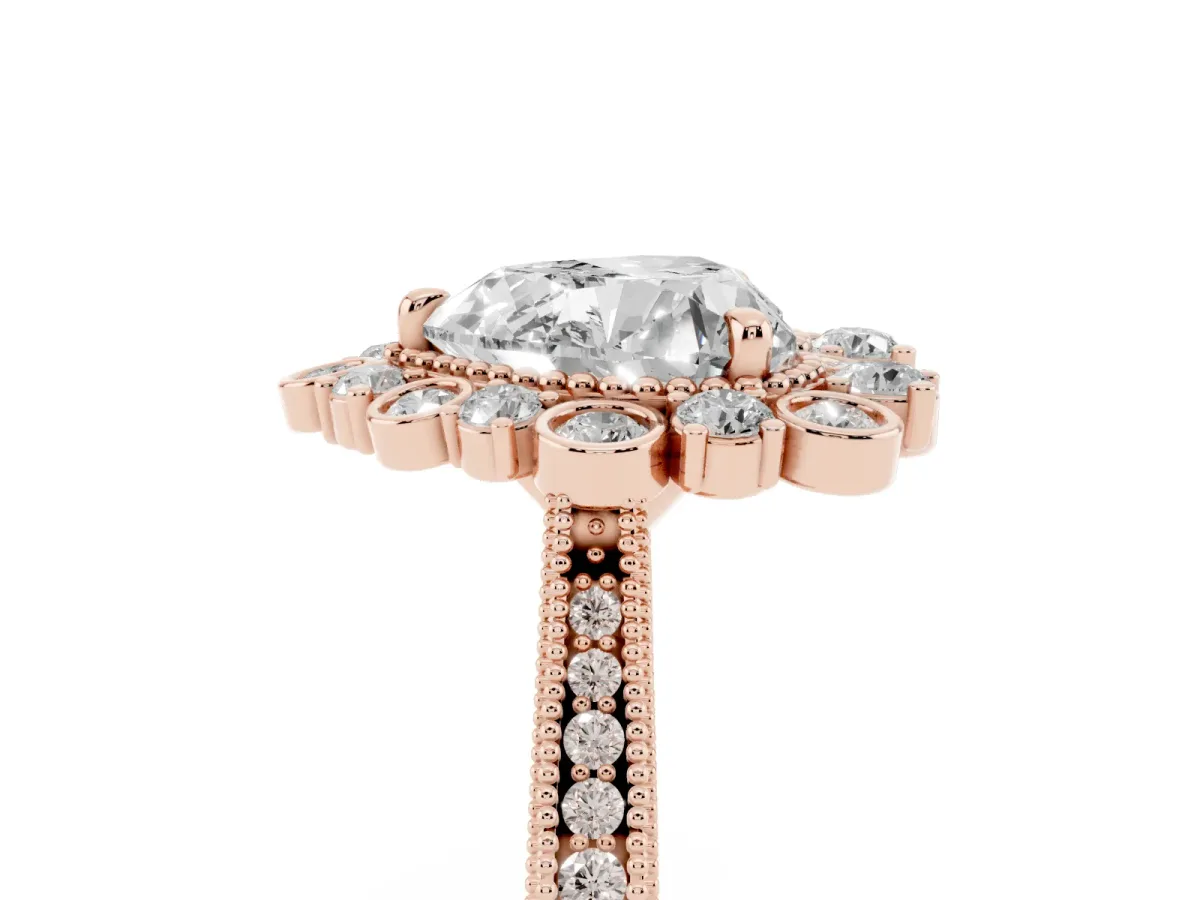 Heart Cut Halo Milgrain Pave Diamond Ring with Four-Prong Setting Rose gold