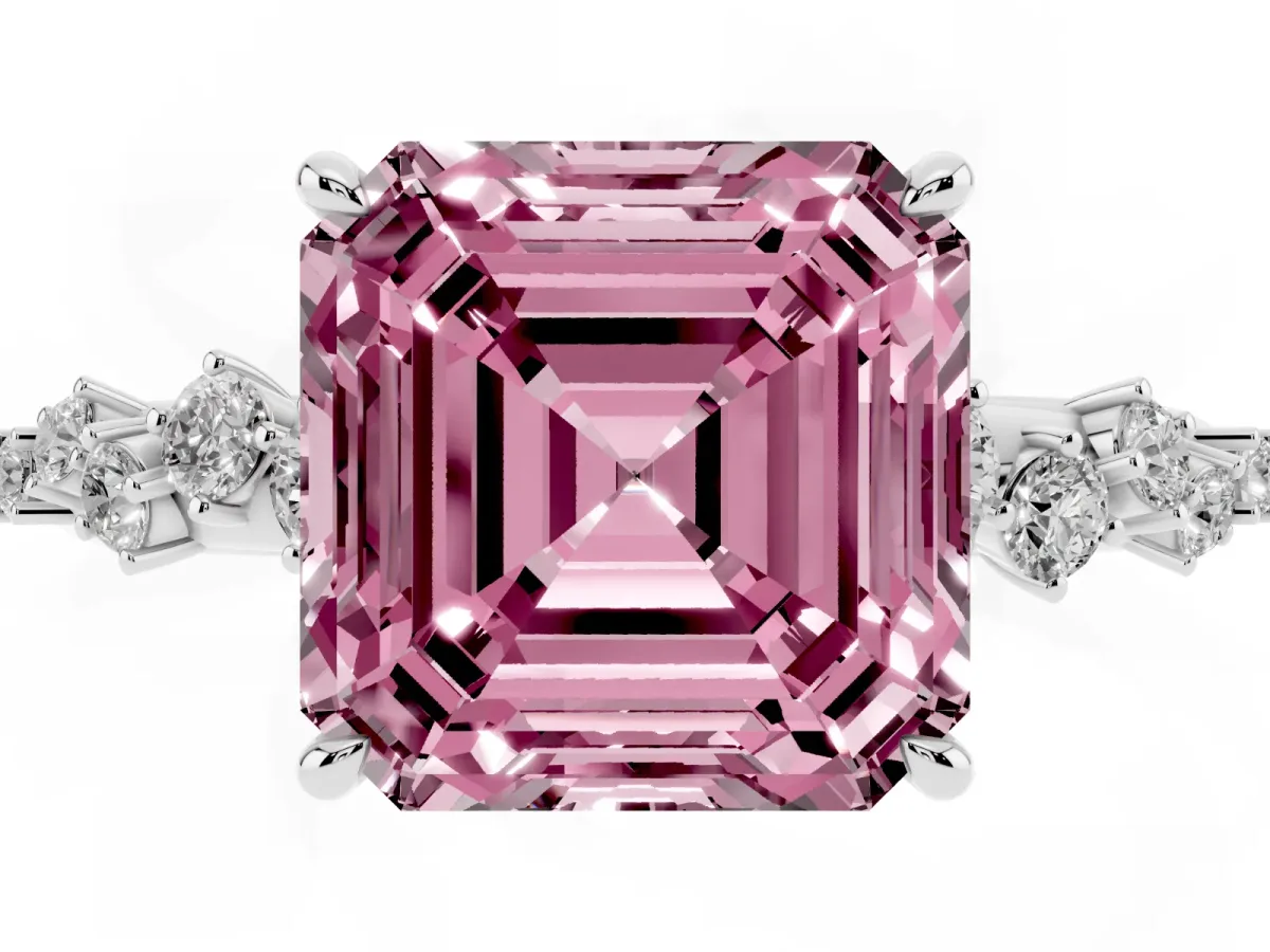 Fancy Pink Asscher Cut Diamond Cluster Side Stone Solitaire Ring with Prong Setting Silver