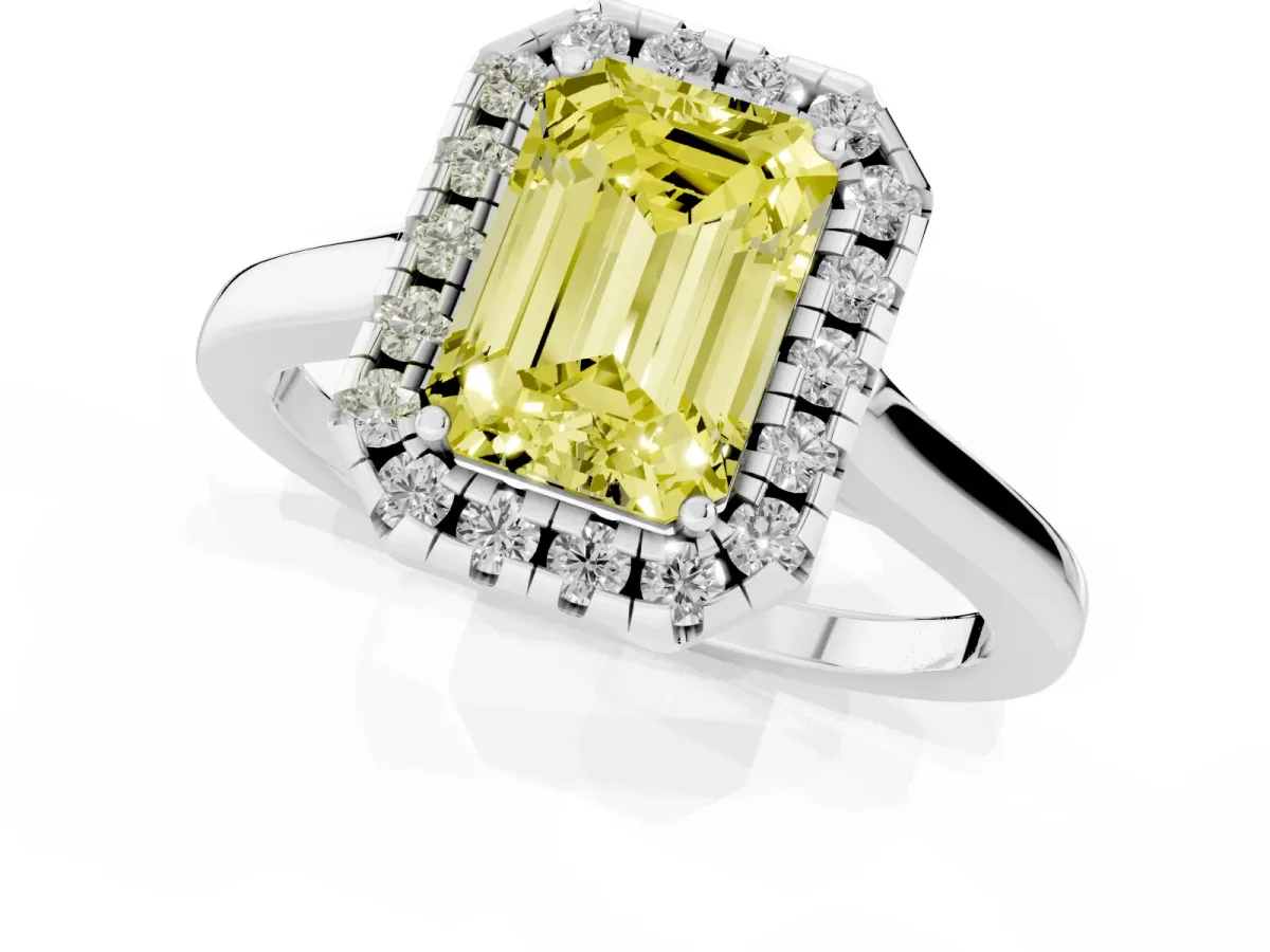 Fancy Yellow Emerald Cut Halo Round Diamond Solitaire Ring with Pavé Band and Four-Prong Setting Silver