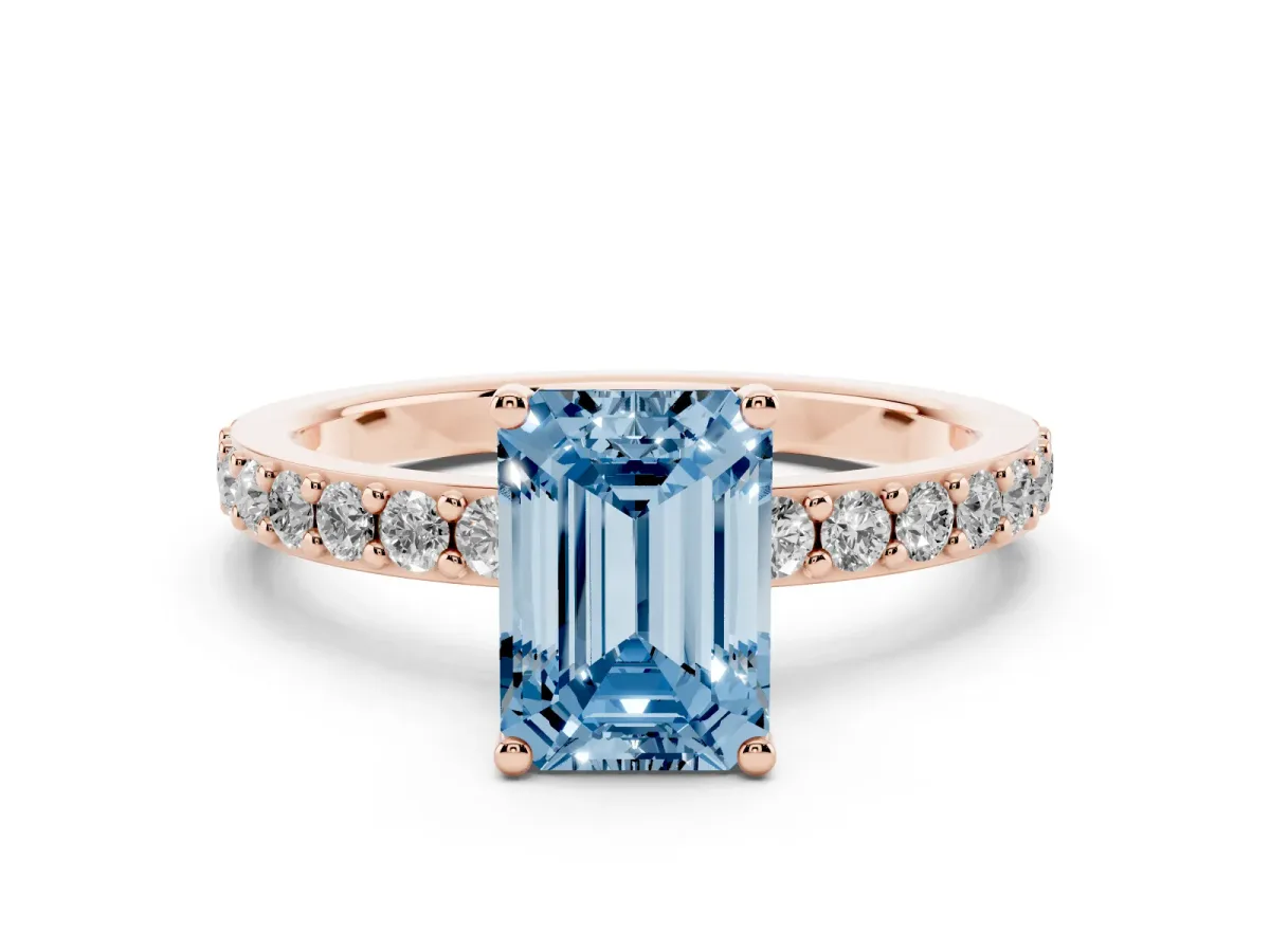 Fancy Blue Emerald Cut Cut Diamond Solitaire with Pave Band and Four-Prong Setting Rose gold