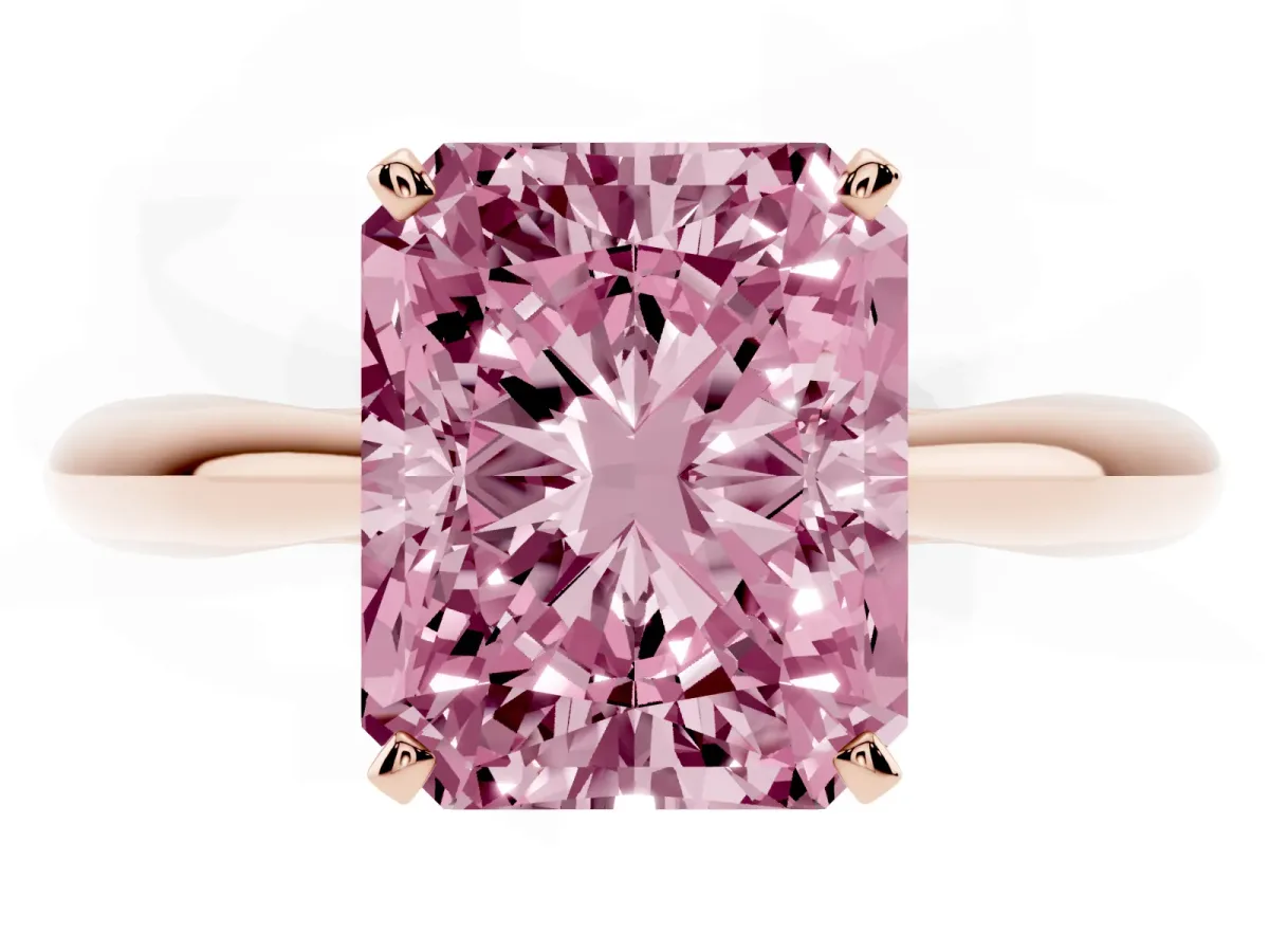 Fancy Pink Radiant Cut Diamond Solitaire Engagement Ring with Cathedral Setting and Four-Prong Mount Rose gold