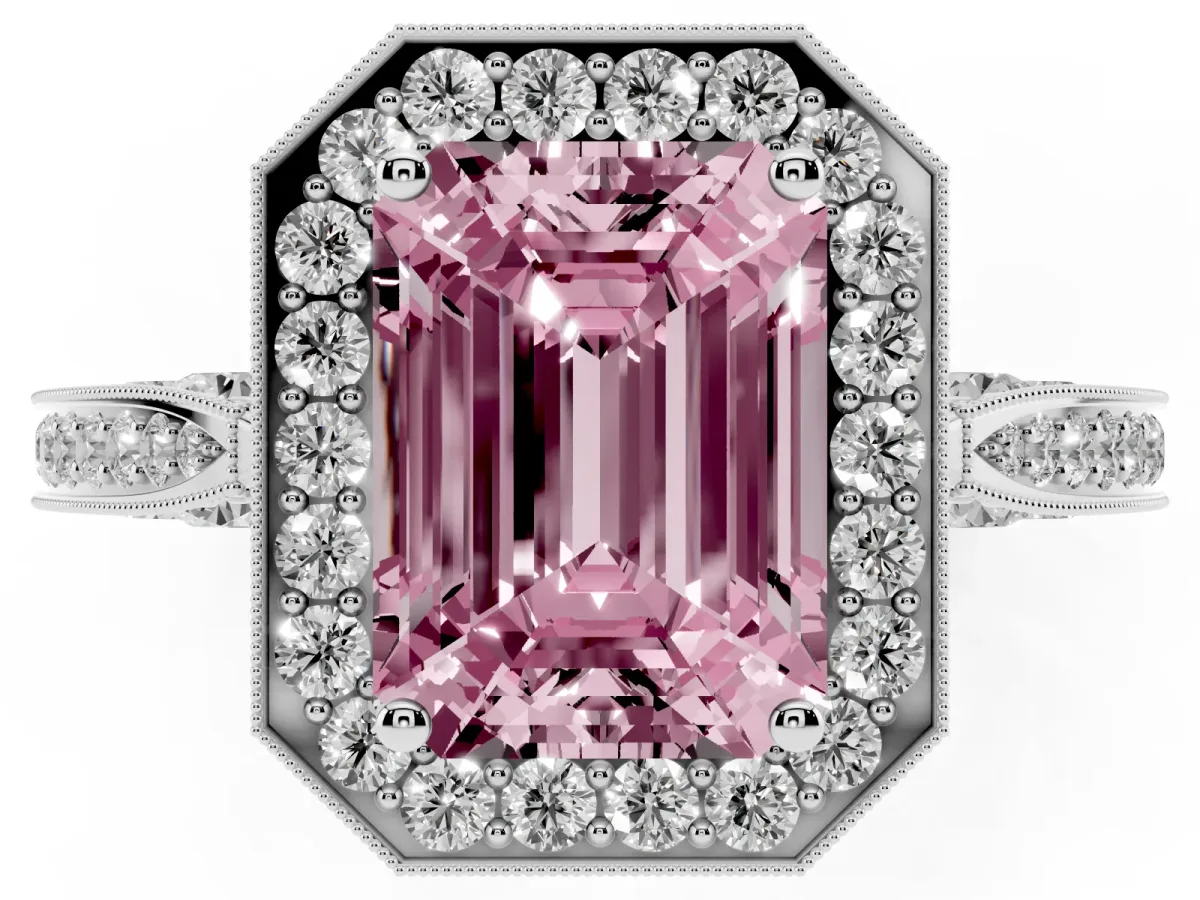 Fancy Pink Emerald Cut Halo Diamond Engagement Ring with Split Shank Band and Four-Prong Setting Platinum