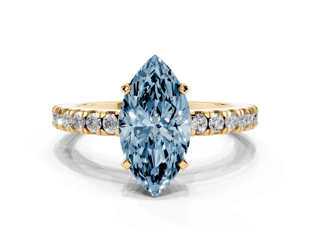 Fancy Blue Marquise Cut Solitaire Diamond with Pavé Band and Four-Prong Setting Yellow gold