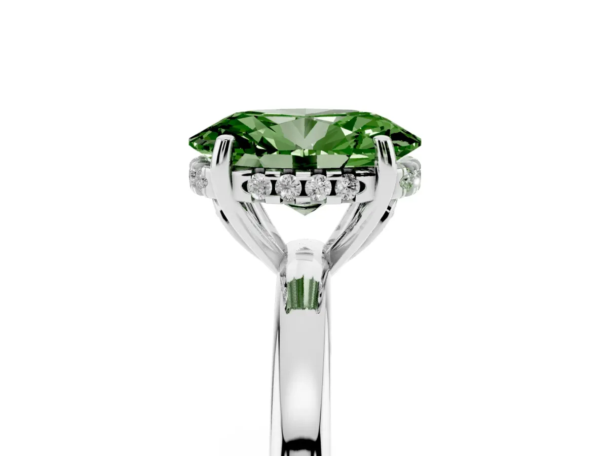 Fancy Green Oval Cut Solitaire Diamond Ring with Prong Setting and Plain Band Platinum