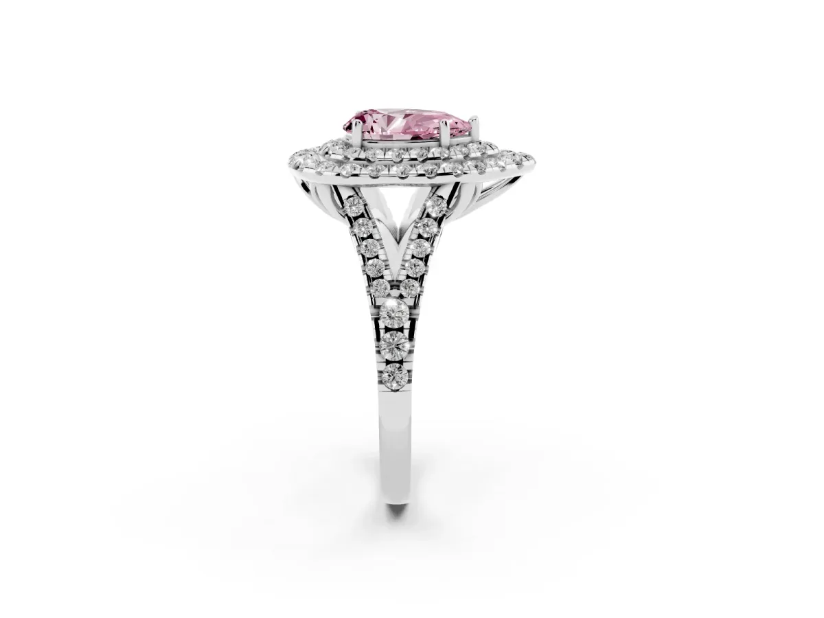 Fancy Pink Double Halo Pear Cut Diamond Pavé Split Shank Ring with Prong Setting White gold