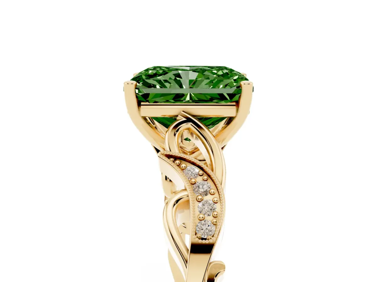 Fancy Green Radiant Cut Solitaire Vine Band with Milgrain Prong Setting Yellow gold