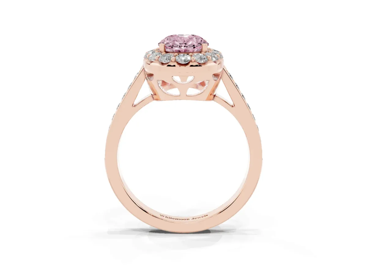 Fancy Pink Oval Cut Diamond Floral Halo Ring with Pavé Band and Prong Setting Rose gold