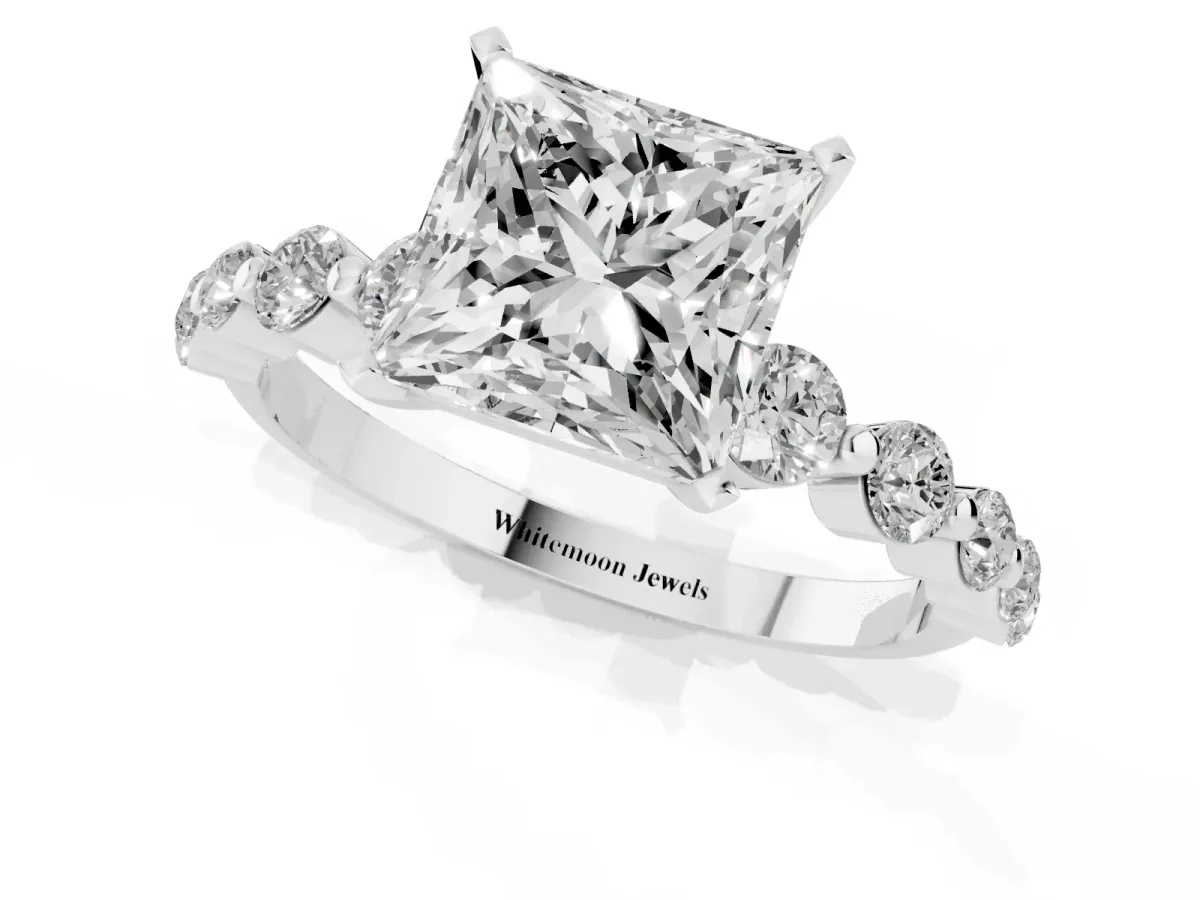 Princess Cut Solitaire Diamond Ring with Pave Band and Four-Prong Setting Silver