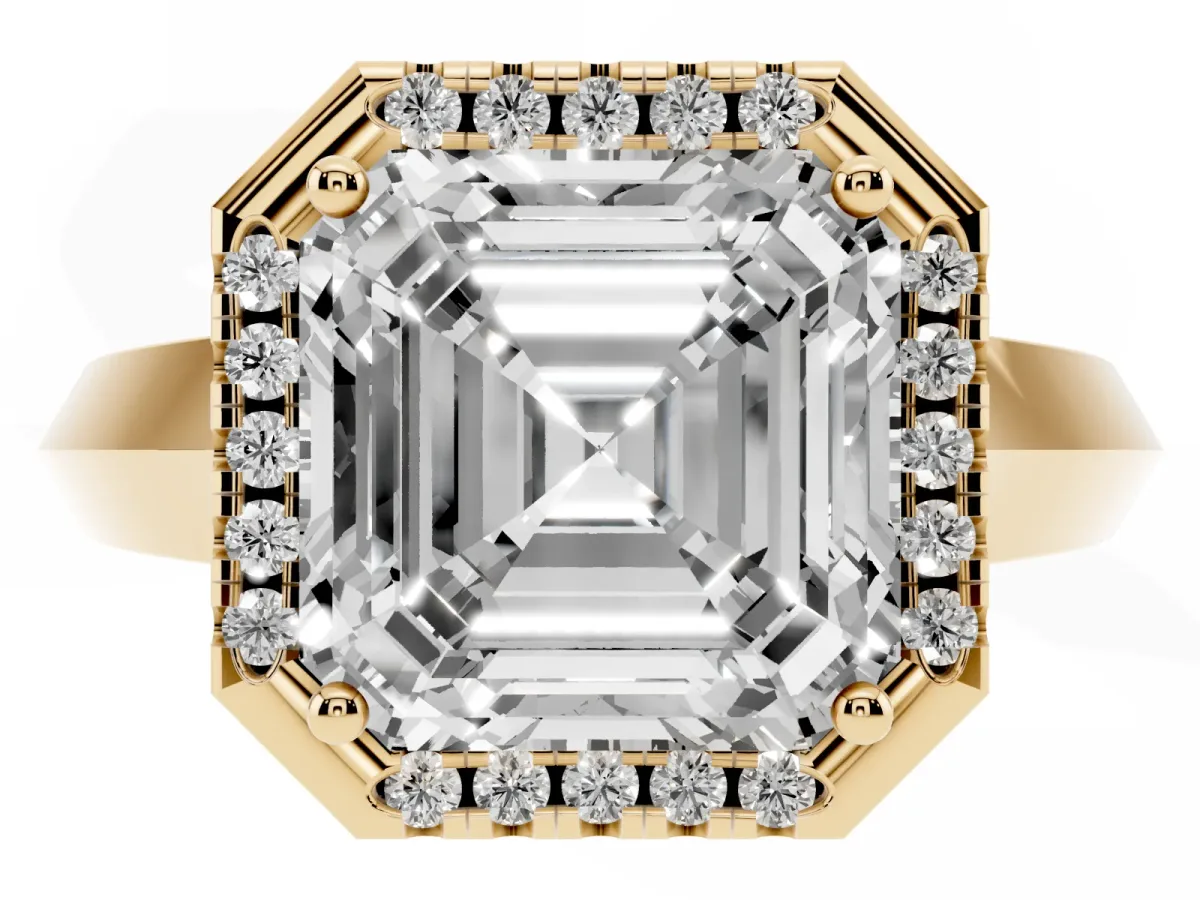 Asscher Cut Halo Diamond Ring with Cathedral Band and Four-Prong Setting Yellow gold