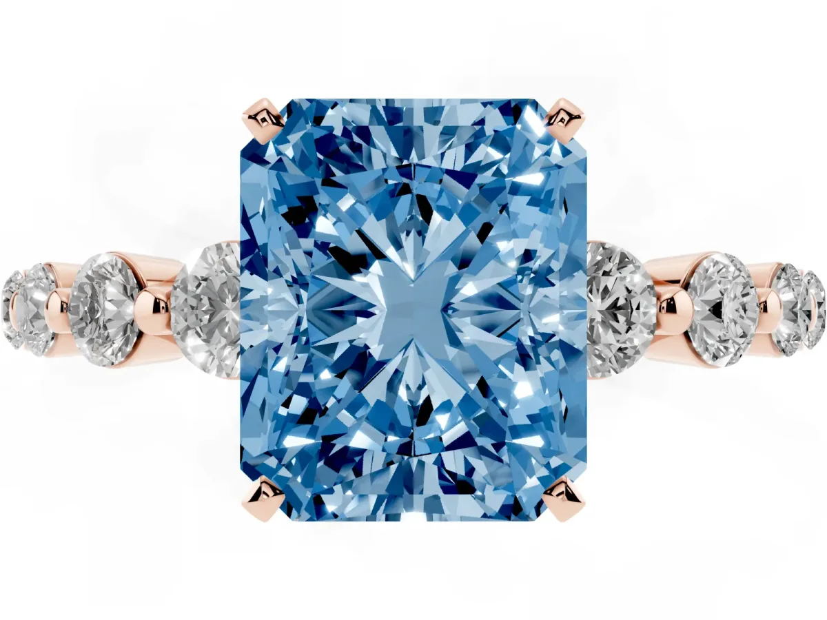 Fancy Blue Radiant Cut Solitaire Diamond Ring with Pave Band and Four-Prong Setting Rose gold