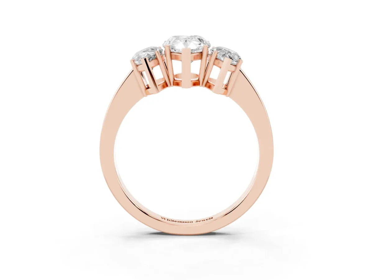 Three-Stone Pear Cut Cut Diamond Engagement Ring with Flat Band and Four-Prong Setting Rose gold