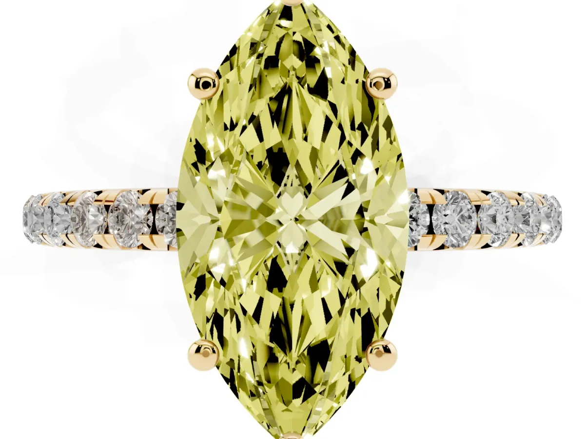 Fancy Yellow Marquise Cut Cut Diamond Solitaire Ring with Micro Pave Band and Four Prong Setting Yellow gold