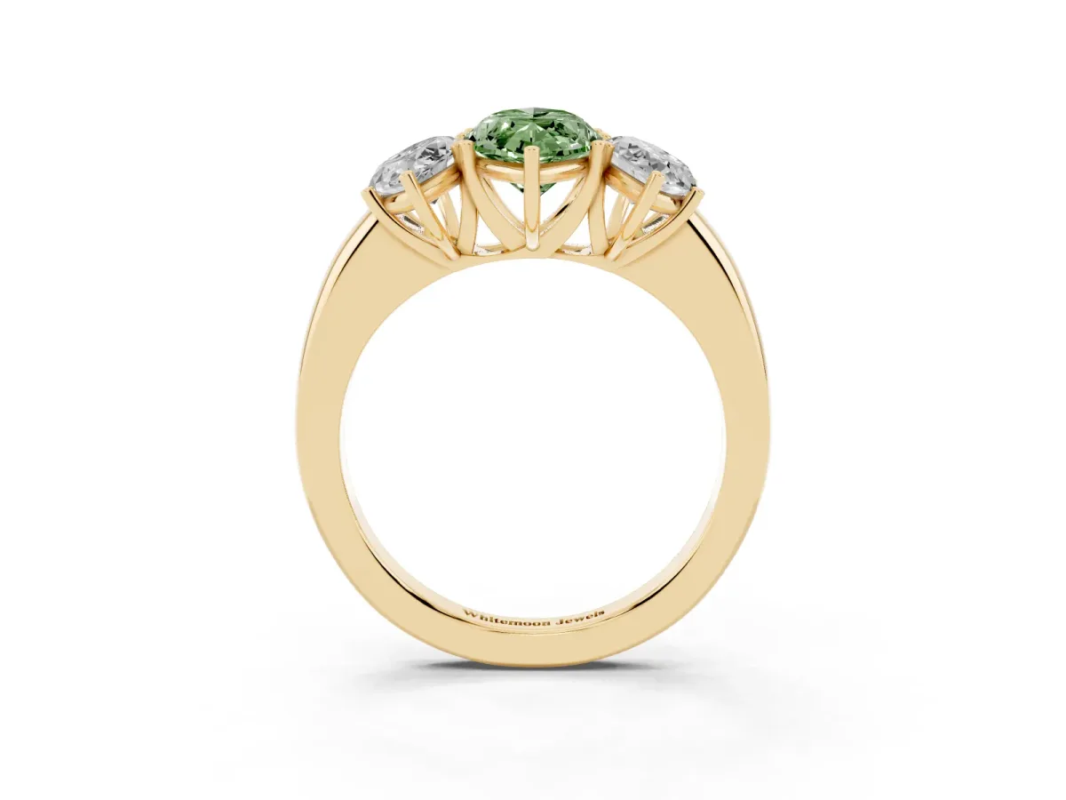 Fancy Green Marquise Cut Diamond Three-Stone Ring with Four-Prong Setting and Classic Band Yellow gold