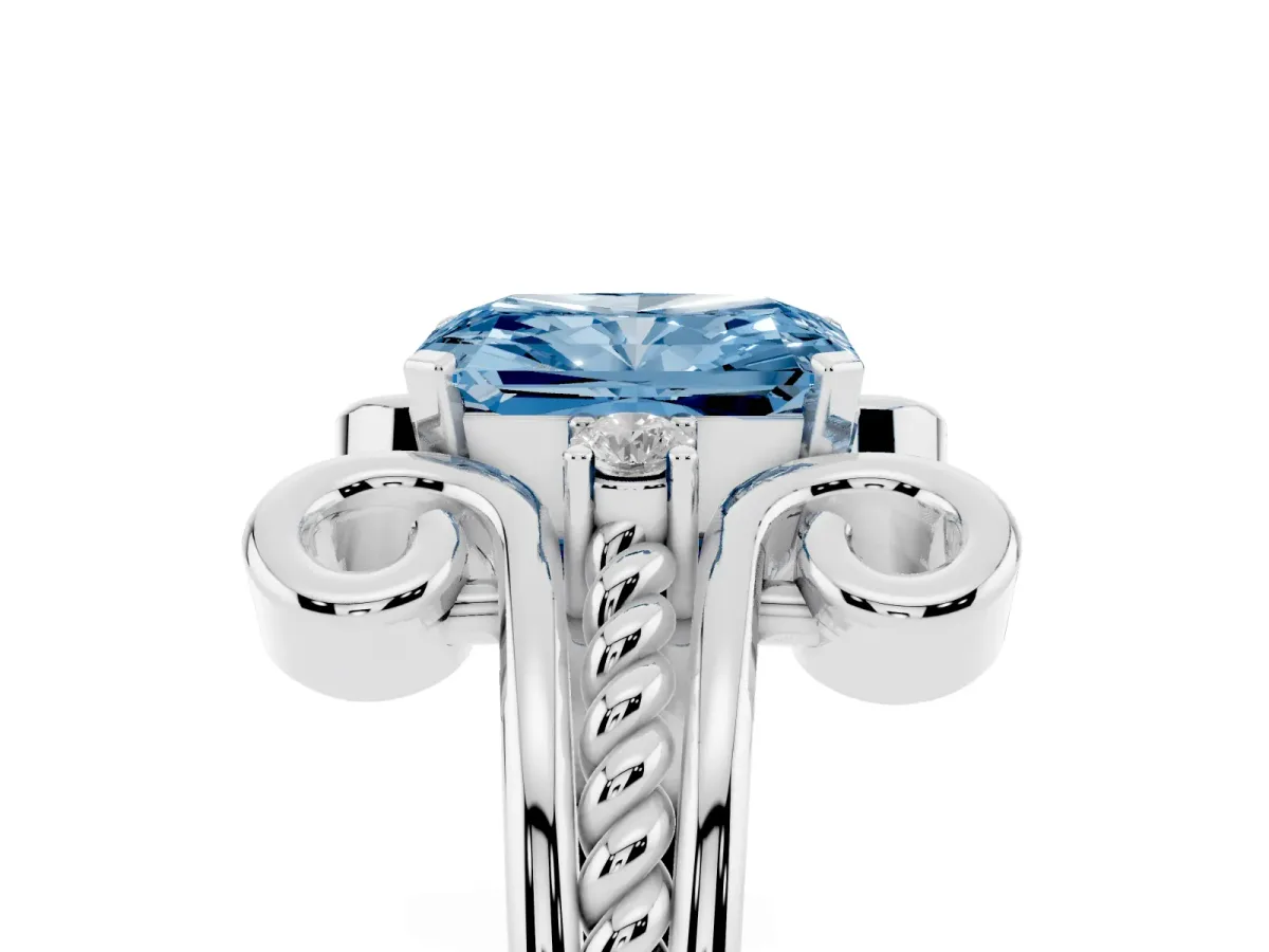 Fancy Blue Radiant Cut Solitaire Twisted Band Scroll Prong Ring Platinum