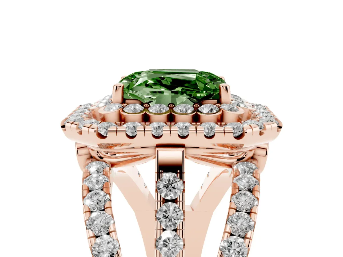 Fancy Green Emerald Cut Diamond Double Halo Ring with Round Pavé Split Shank and Prong Setting Rose gold