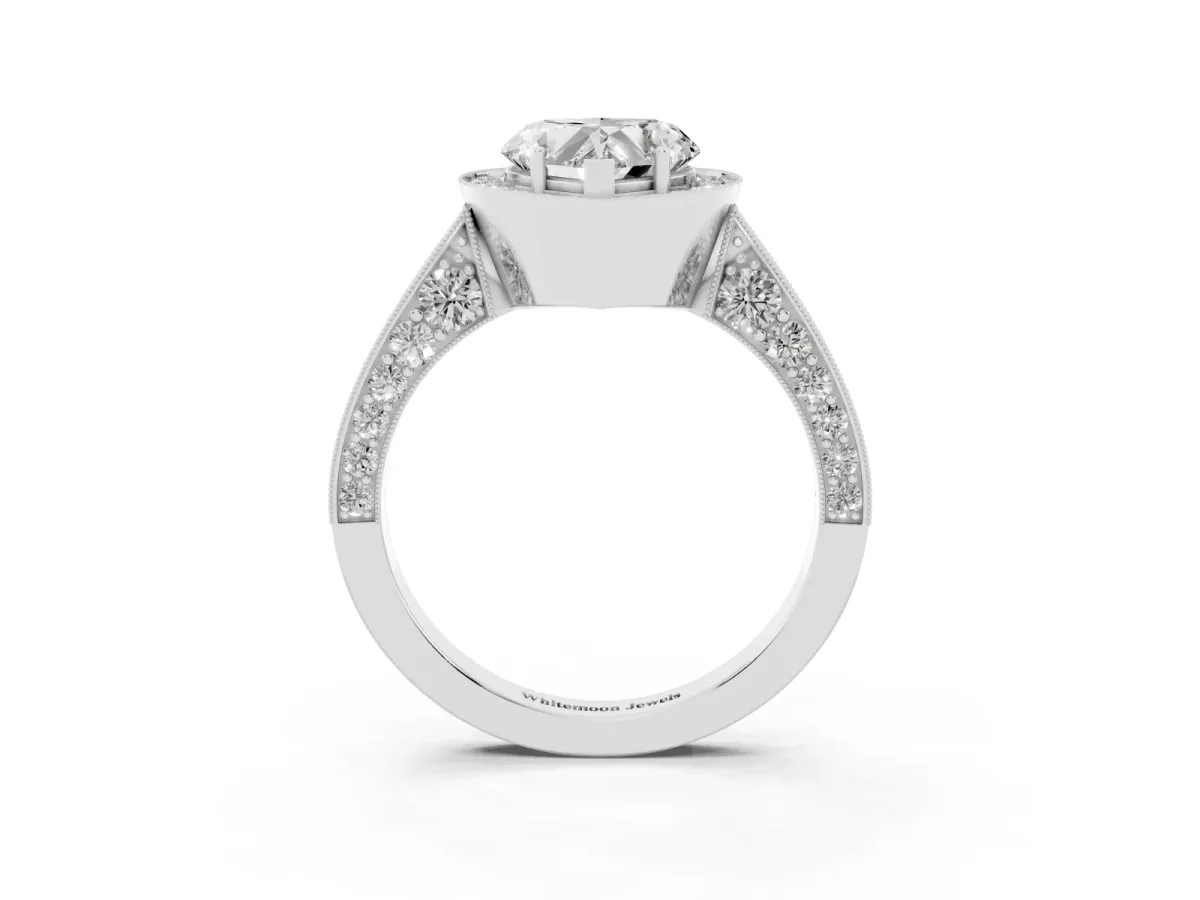 Heart Cut Halo Diamond Engagement Ring with Split Shank Band and Four-Prong Setting Silver