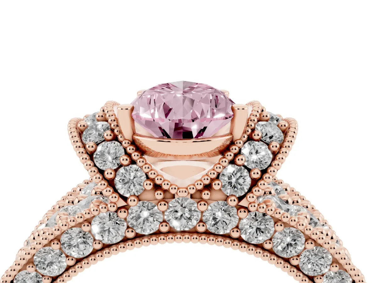 Fancy Pink Pear Cut Halo Pave Diamond Engagement Ring with Milgrain Detailing Rose gold
