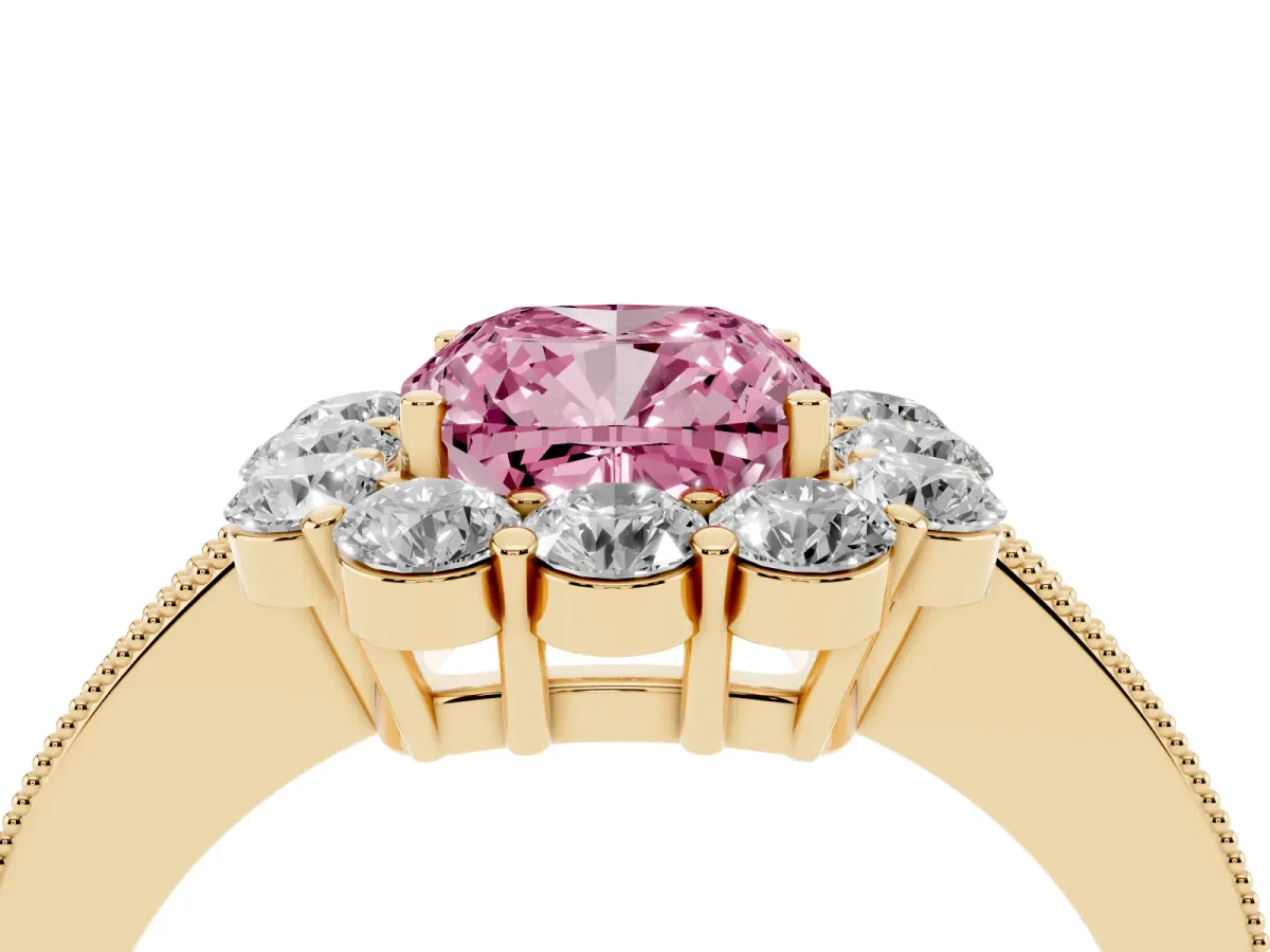 Fancy Pink Cushion Cut Cut Halo Diamond Pavé Engagement Ring with Milgrain Detailing Yellow gold
