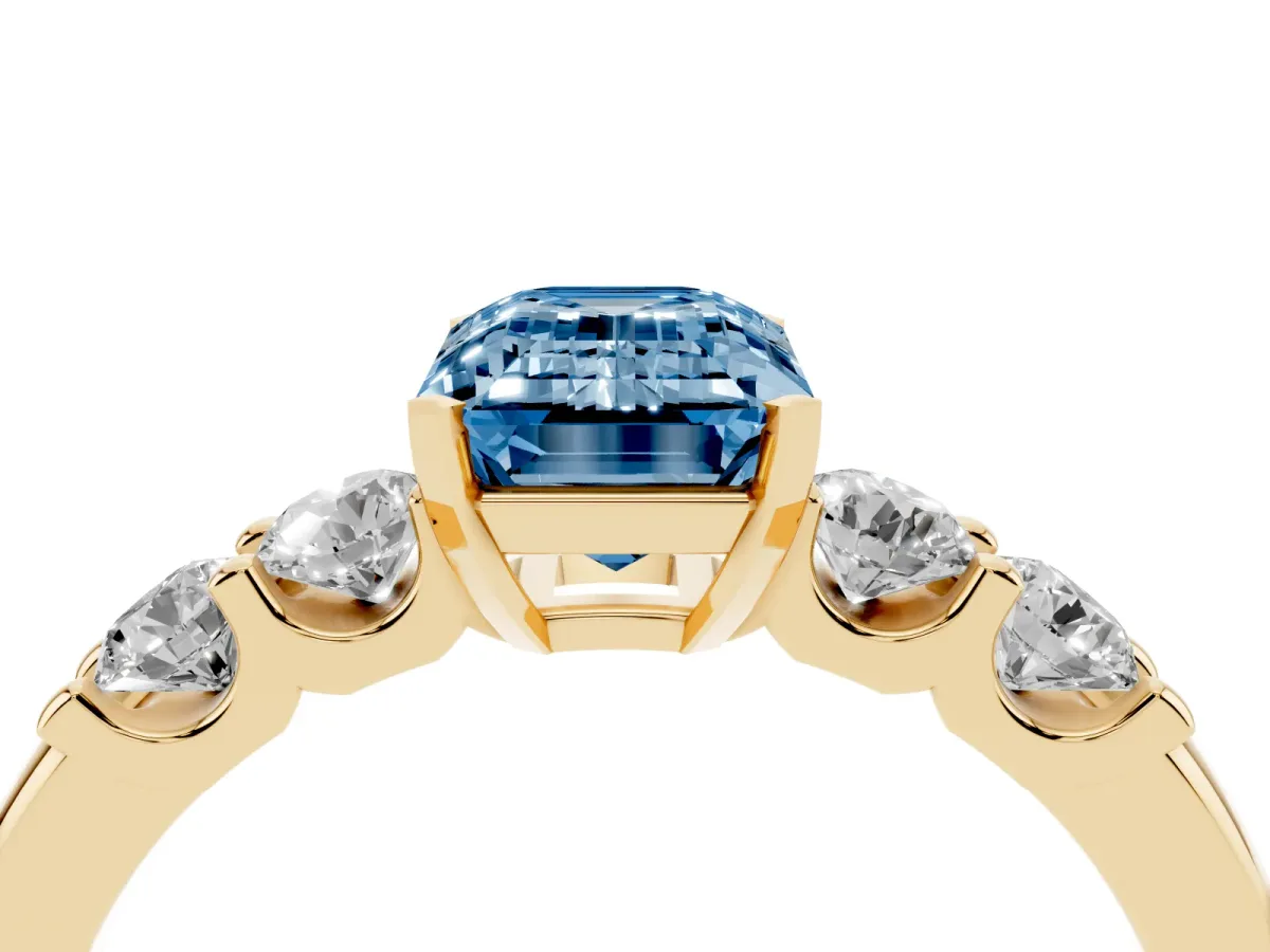 Fancy Blue Emerald Cut Brilliant Cut Diamond Five-Stone Prong Set Engagement Ring with Channel Band Yellow gold