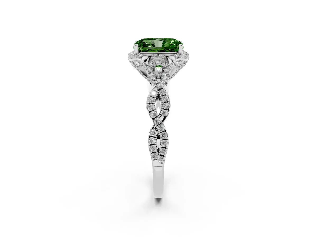 Fancy Green Radiant Cut Halo Twist Band Solitaire Ring with Six-Prong Setting Silver