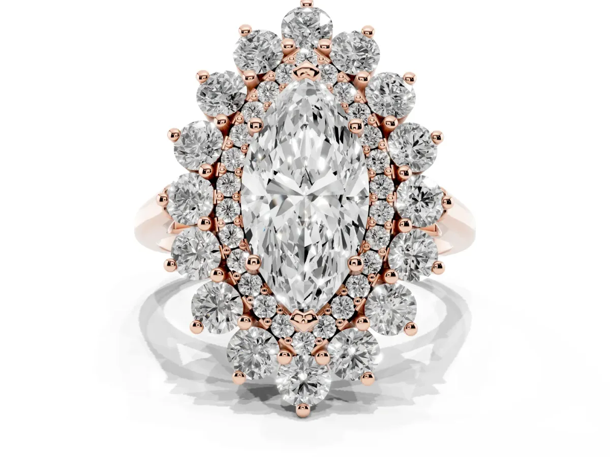 Marquise Cut Diamond Floral Double Halo Engagement Ring with Prong Setting Rose gold