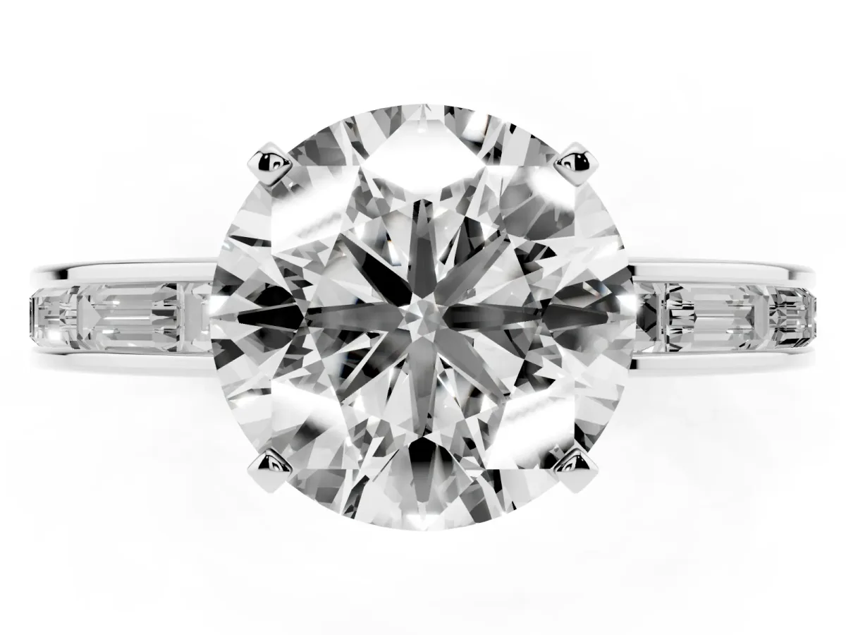 Round Cut Solitaire Diamond Ring with Channel-Set Baguette Band and Four-Prong Setting White gold