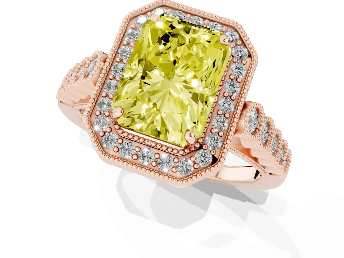 Fancy Yellow Radiant Cut Halo Milgrain Solitaire with Bezel Set Side Stones and Pave Band Rose gold