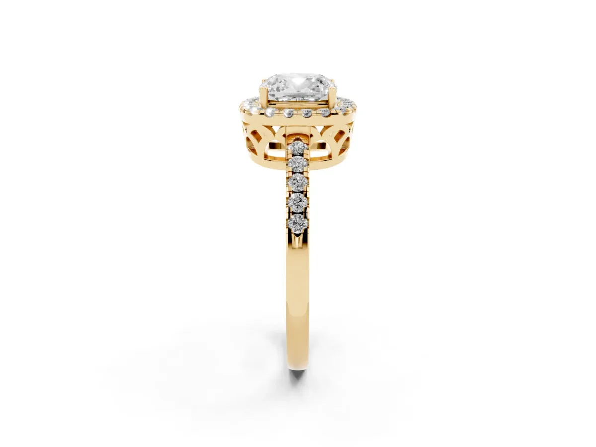 Cushion Cut Halo Diamond Engagement Ring with Pavé Band and Four-Prong Setting Yellow gold