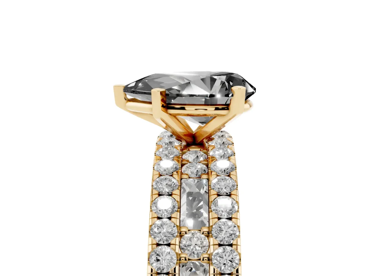 Fancy Black Pear Cut Diamond Solitaire Ring with Pavé and Channel Set Band Yellow gold