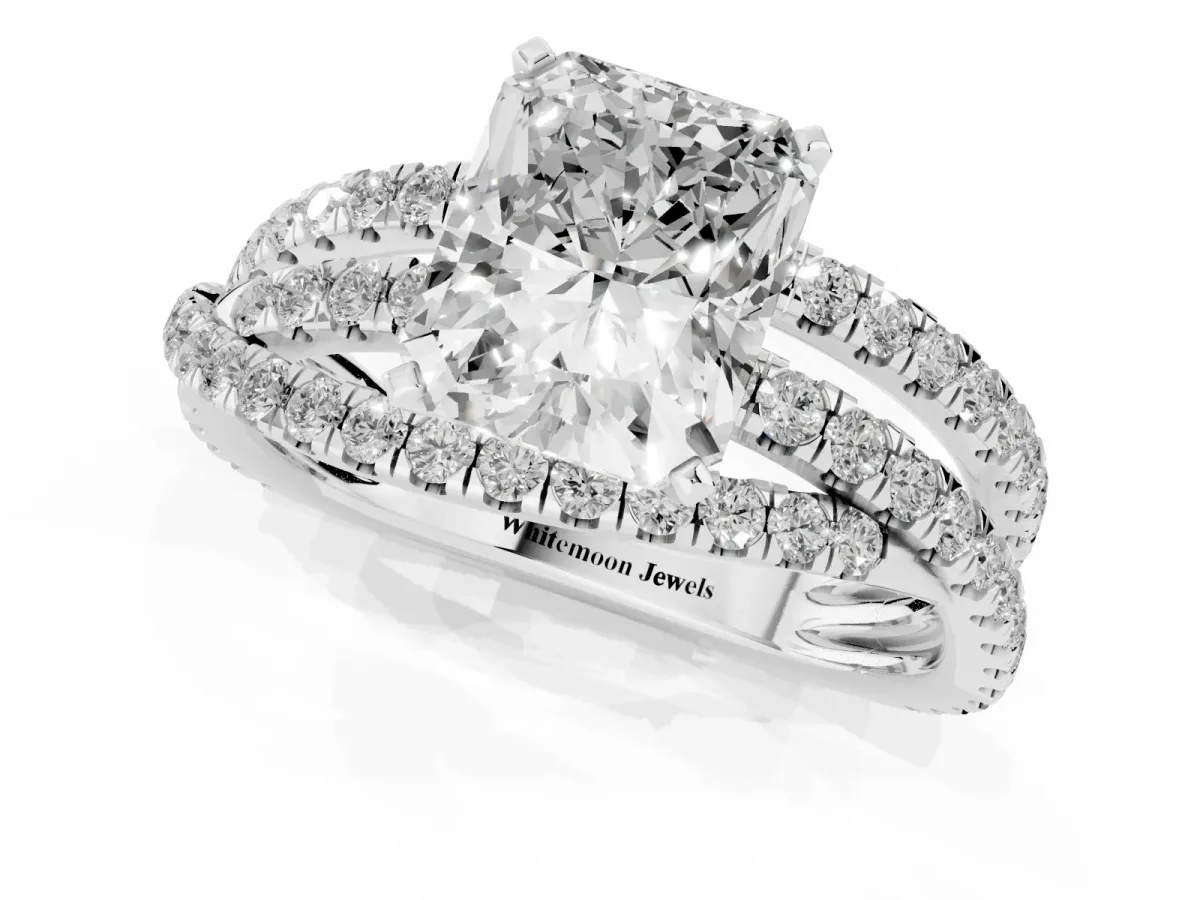 Radiant Cut Solitaire Twist Band with Pavé Setting and Four-Prong Setting Silver