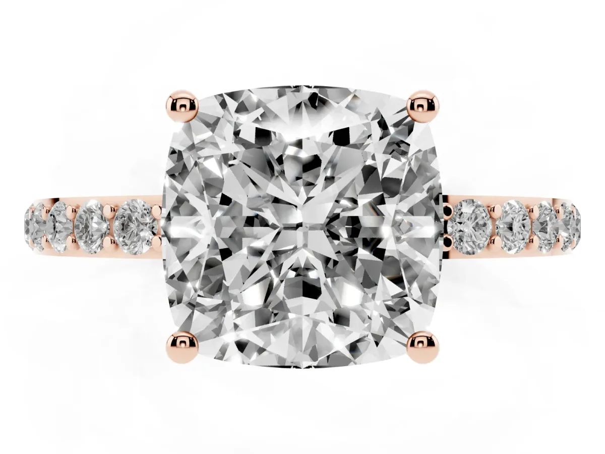 Cushion Cut Diamond Solitaire Ring with Round Pavé Shoulders and Prong Setting Rose gold