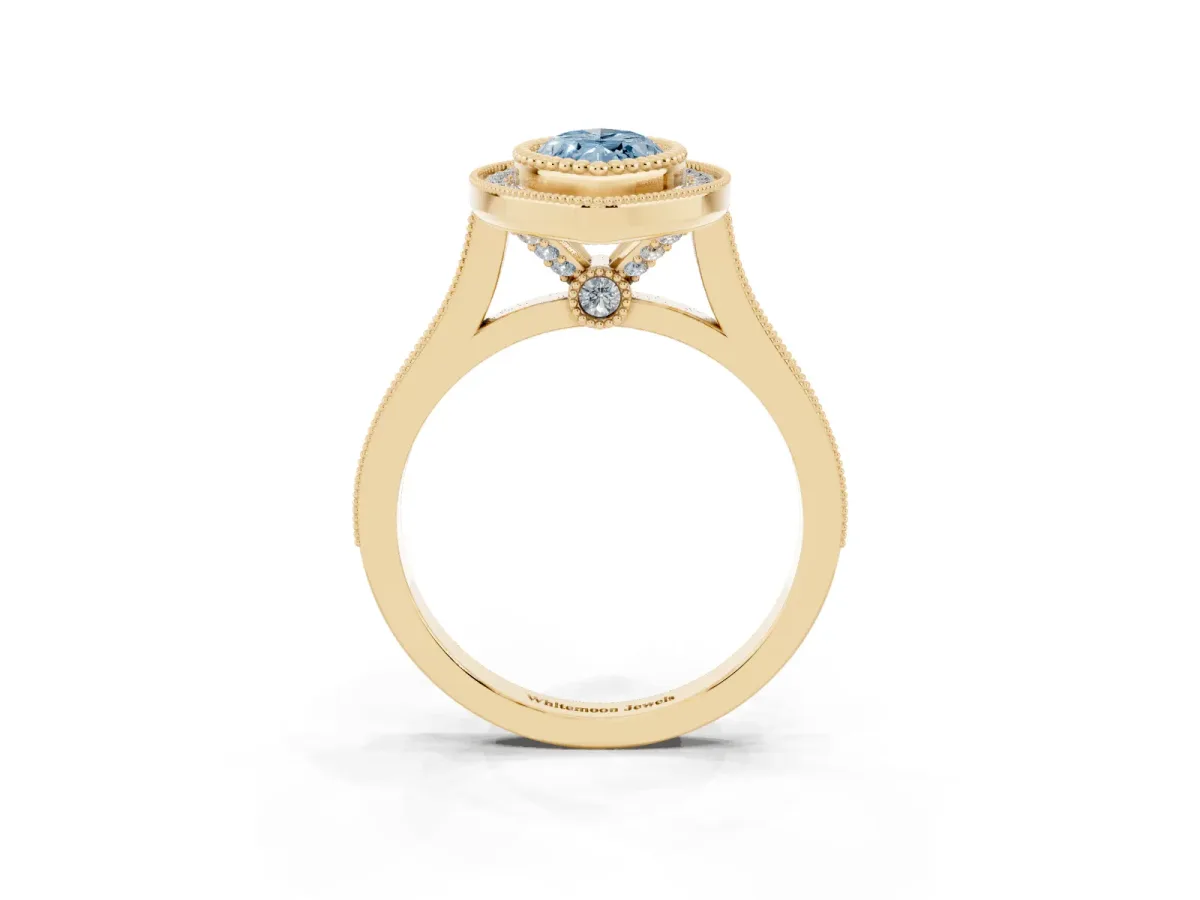 Fancy Blue Marquise Cut Diamond Halo Ring with Milgrain Frame and Pavé Band Yellow gold